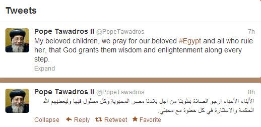 Pope Tawadros prays for Egypt on Twitter